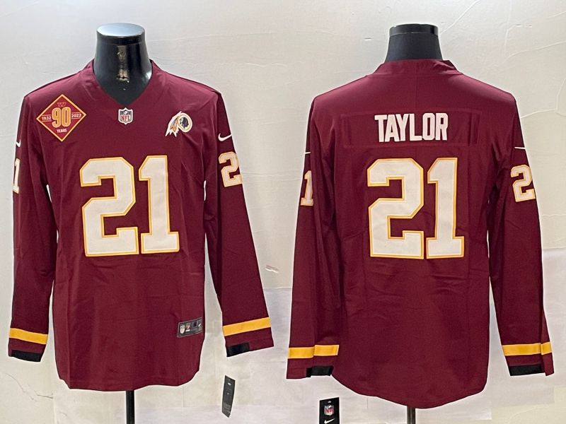 Men Washington Redskins #21 Taylor Red long sleeve 2024 Nike NFL Jersey style 01041